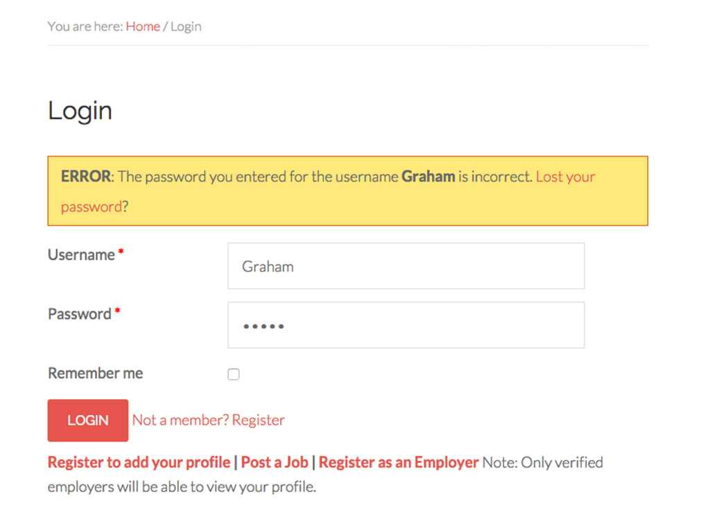 Login error message showing the Lost your password link